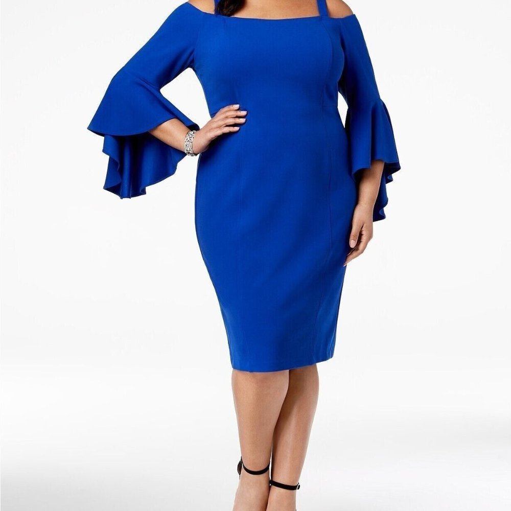 R&M Richards Dress Plus Size 16W Off the Shoulder Flared Sleeve NWT $79 Blue